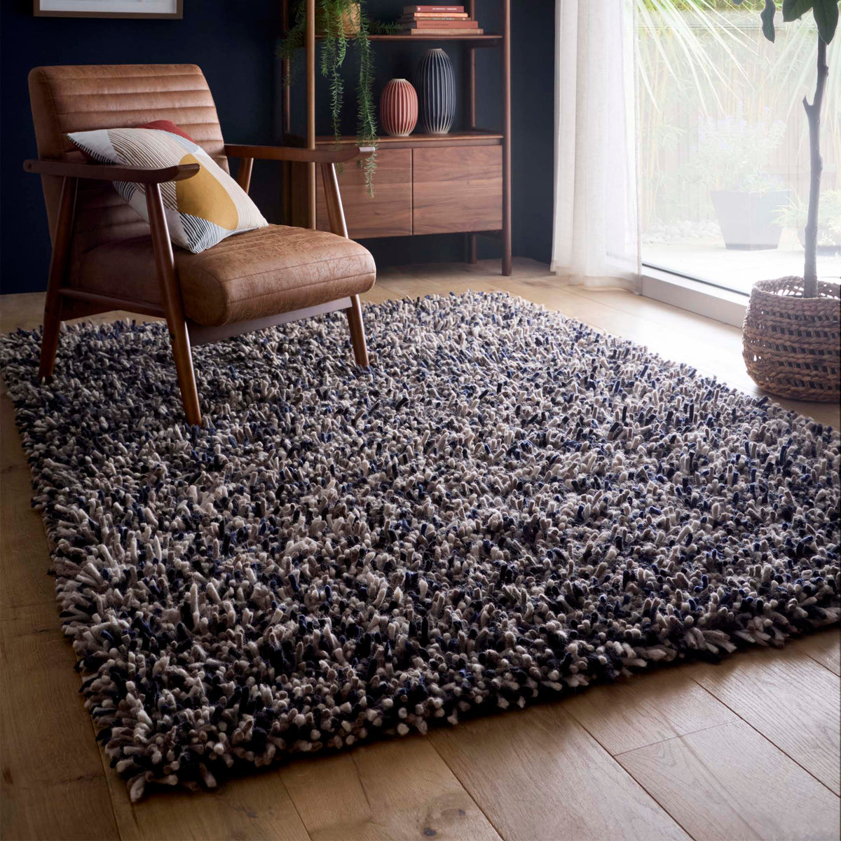 Origins Rocks Navy Blue Shaggy Pile Wool Rug