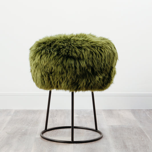 Olive Green Sheepskin Black Metal Frame Stool