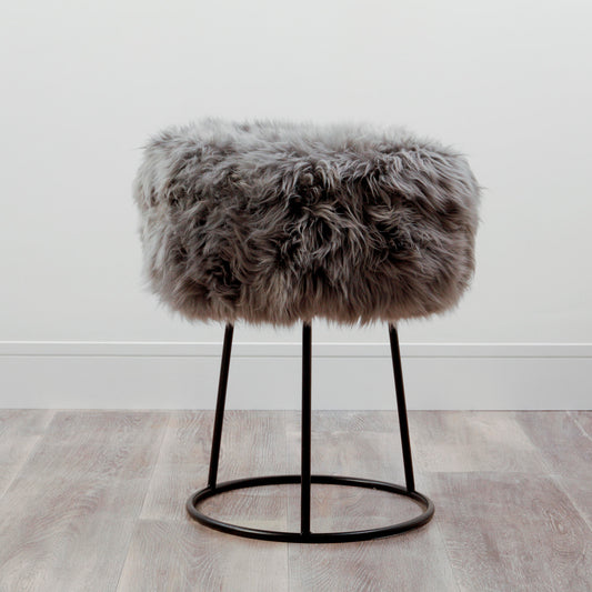 Grey Sheepskin Black Metal Frame Stool