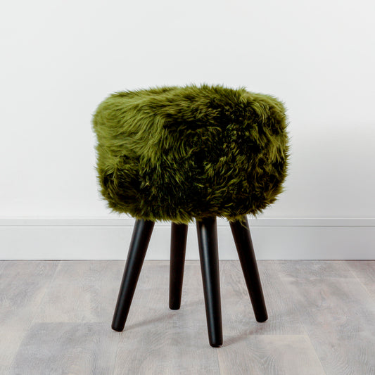 Olive Green Sheepskin Black Wood Legs Stool