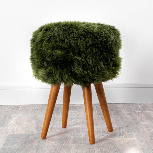 Olive Green Sheepskin Wooden Legged Stool