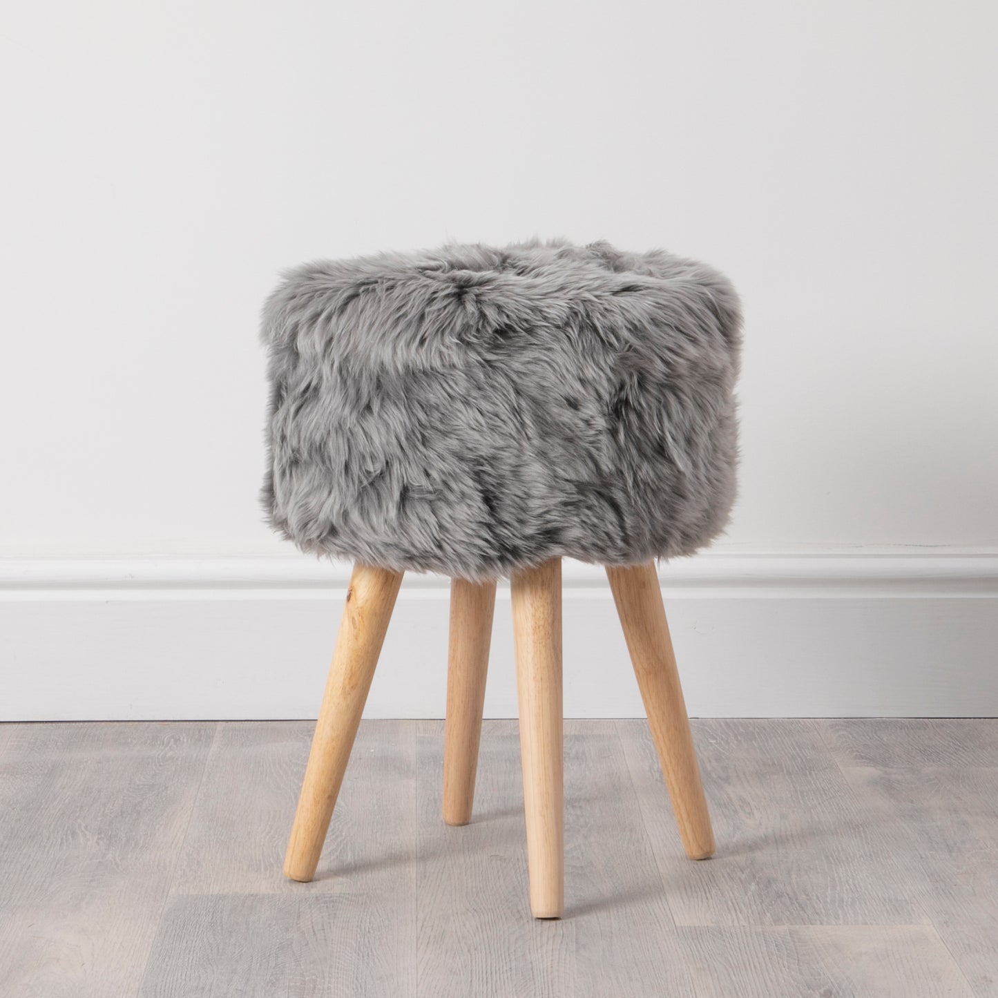 Grey Sheepskin Stool with Light Wood Legs