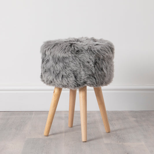 Grey Sheepskin Stool with Light Wood Legs