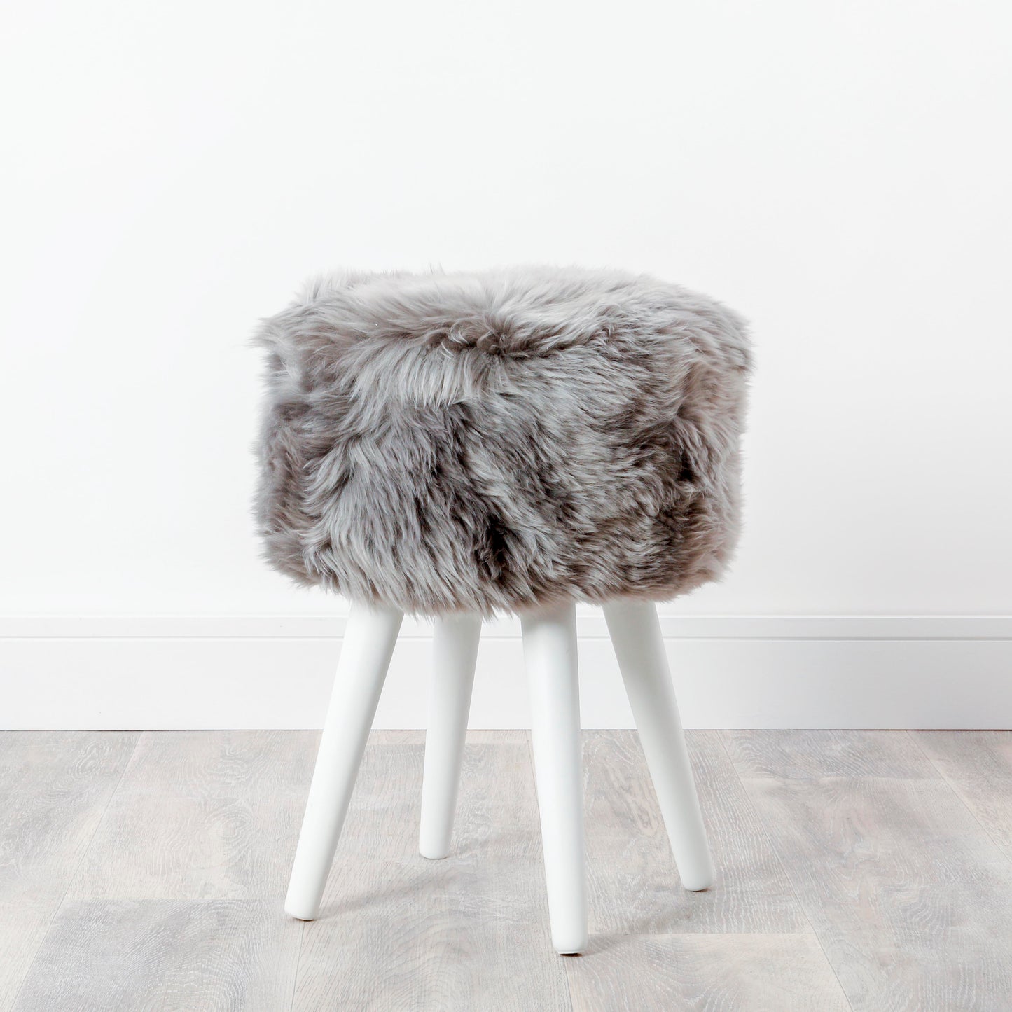 Grey Sheepskin Wood Stool with White Legs