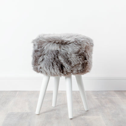Grey Sheepskin Wood Stool with White Legs