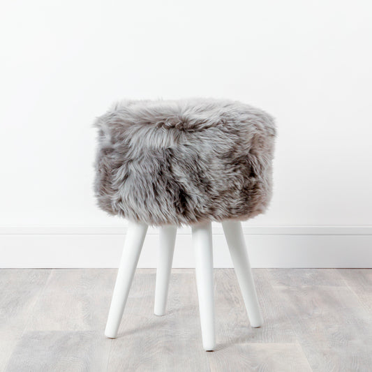Grey Sheepskin Wood Stool with White Legs