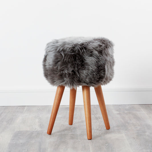 Grey Sheepskin Wooden Legged Stool