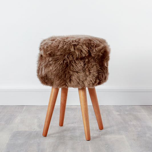 Light Brown Sheepskin Wooden Legged Stool