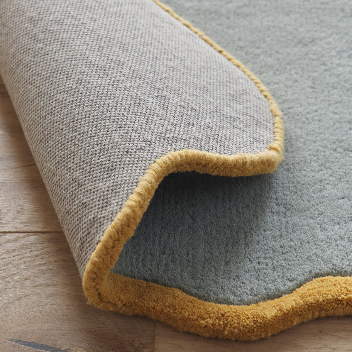 Origins Elsie Scalloped Edged Duck Egg Blue and Ochre Wool Rug
