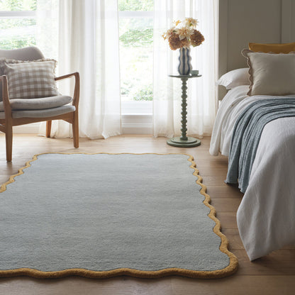 Origins Elsie Scalloped Edged Duck Egg Blue and Ochre Wool Rug