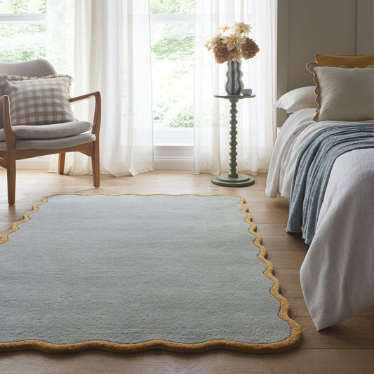Origins Elsie Scalloped Edged Duck Egg Blue and Ochre Wool Rug