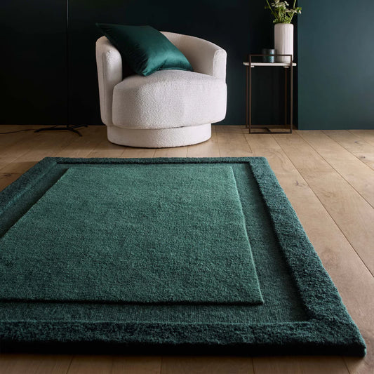 Origins Stacked Border Dark Green Wool Rug