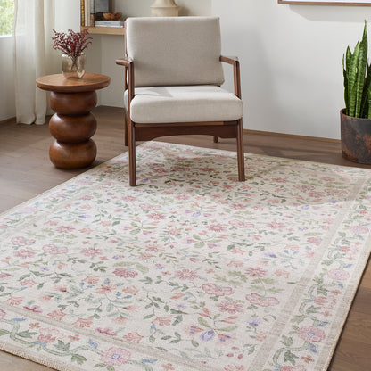 Thistle Floral Pink and Cream Traditional Washable Rug
