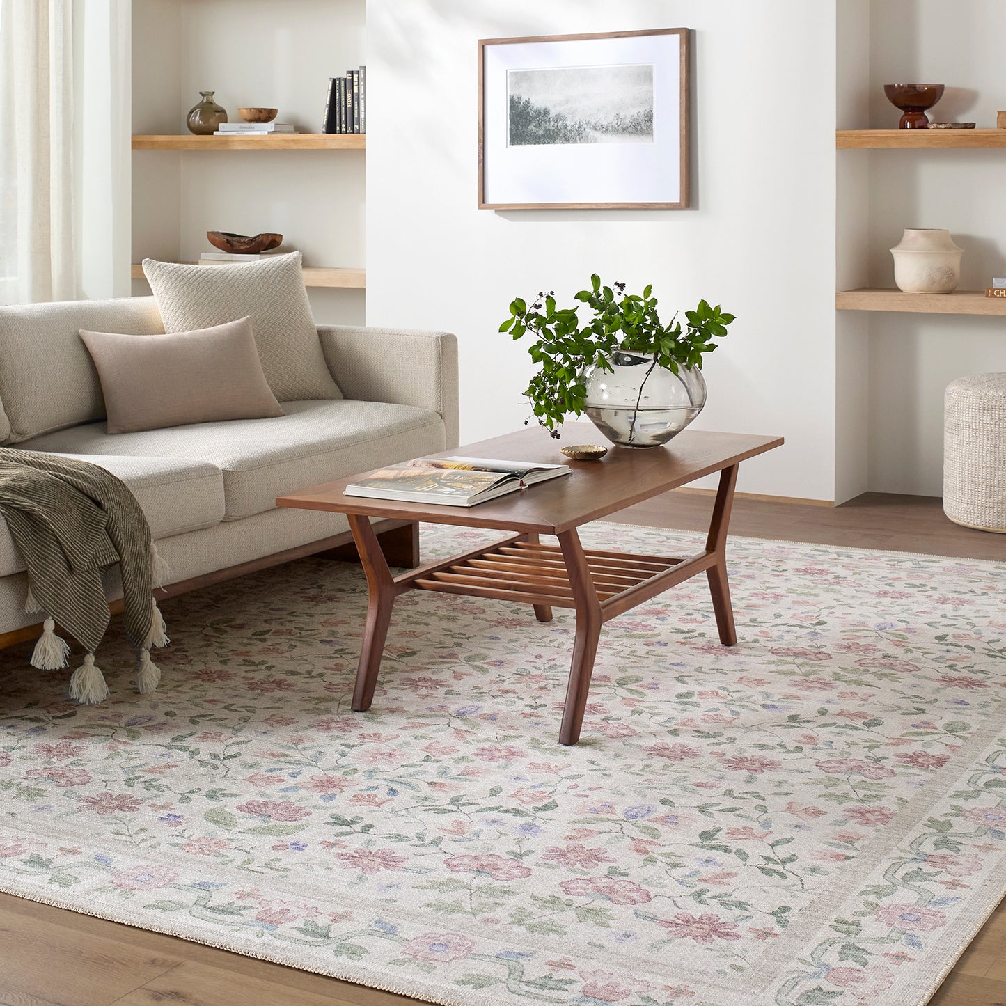 Thistle Floral Pink and Cream Traditional Washable Rug