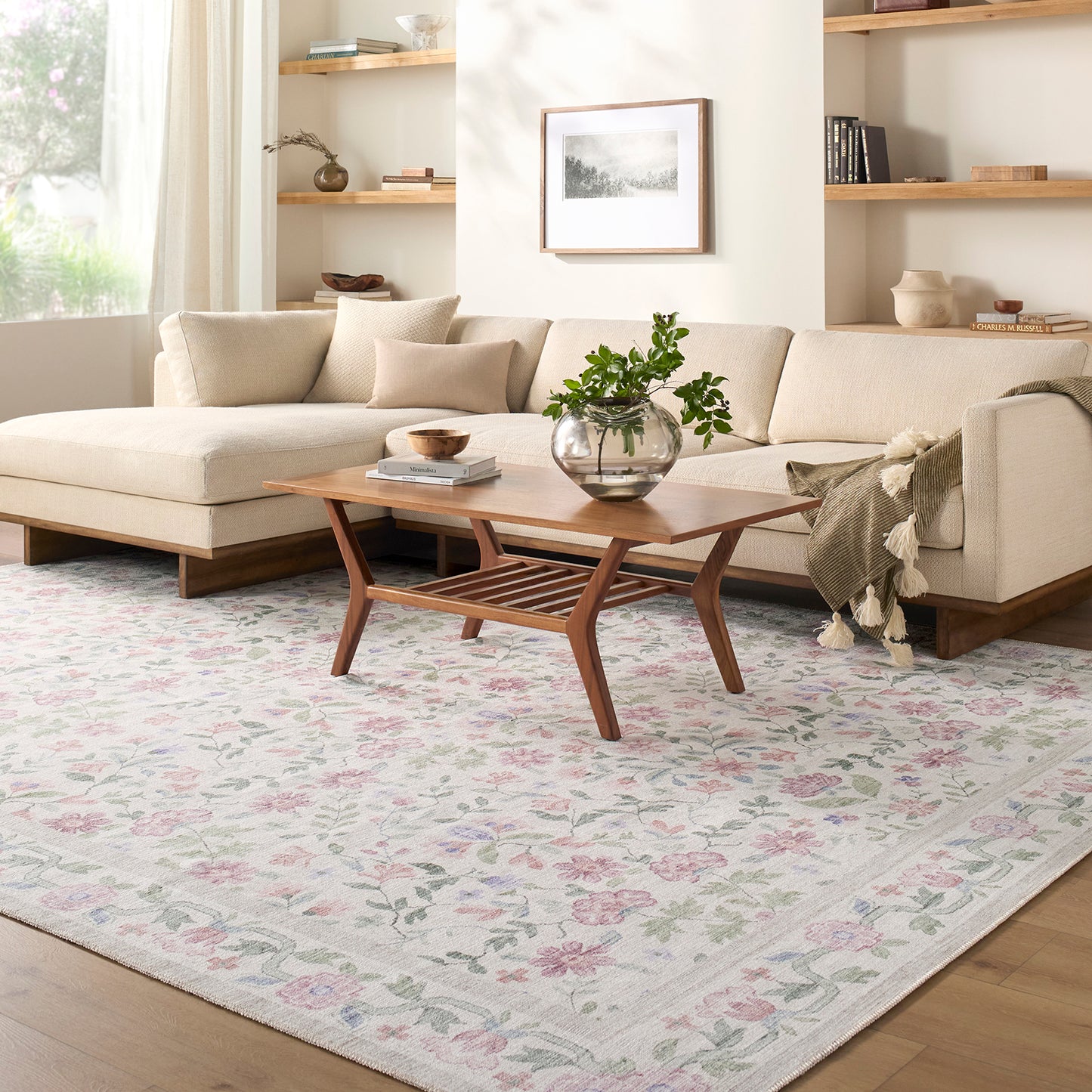 Thistle Floral Pink and Cream Traditional Washable Rug