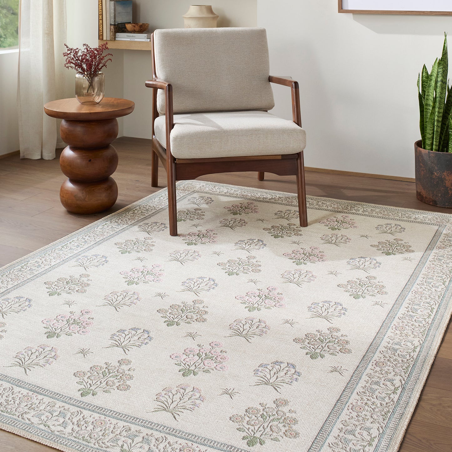 Thistle Floral Cream Traditional Washable Rug