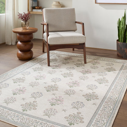 Thistle Floral Cream Traditional Washable Rug