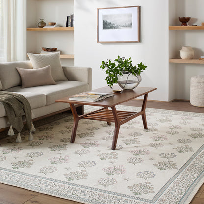 Thistle Floral Cream Traditional Washable Rug