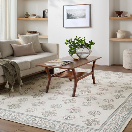 Thistle Floral Cream Traditional Washable Rug