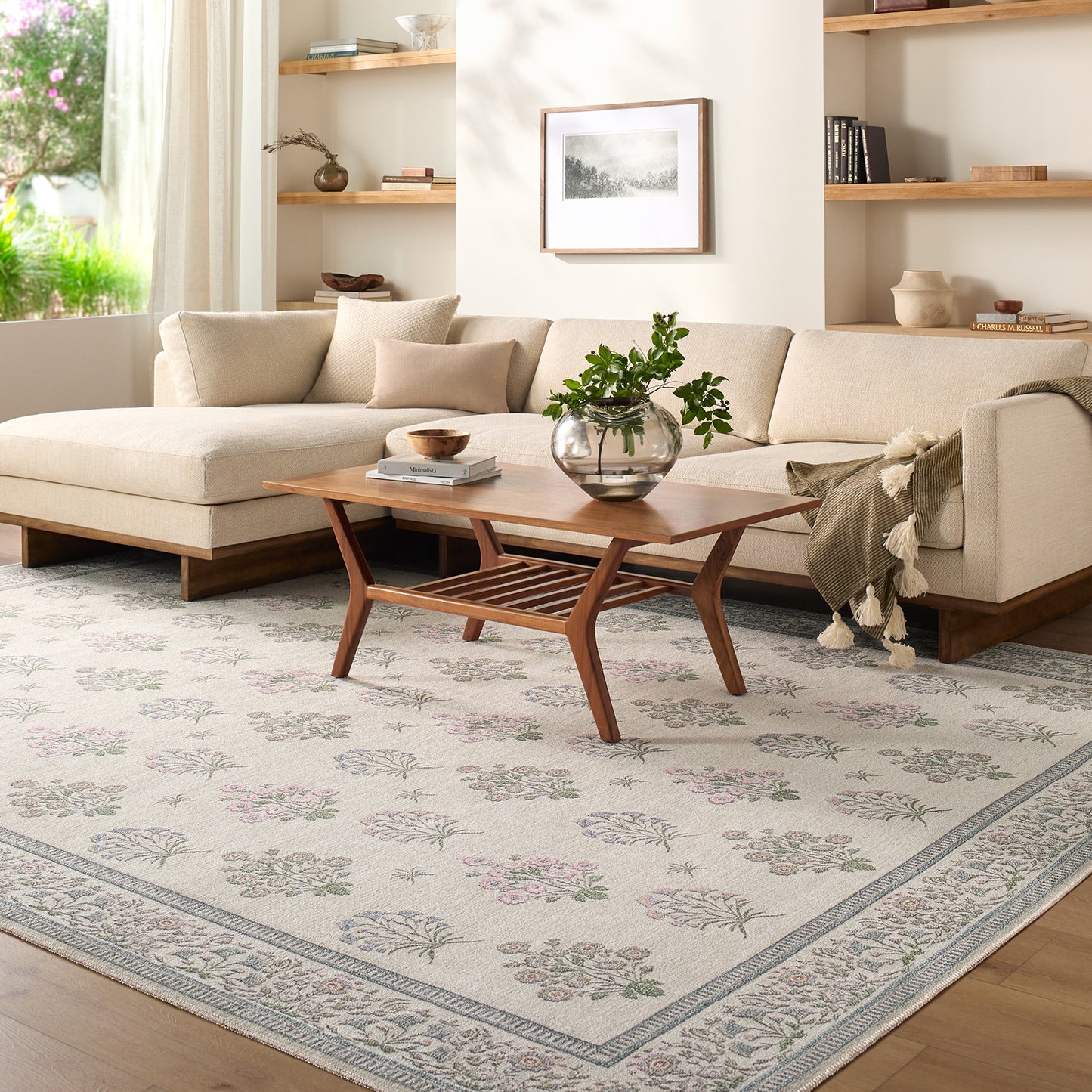 Thistle Floral Cream Traditional Washable Rug