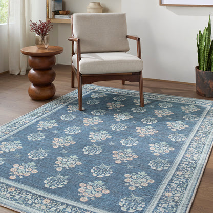 Thistle Floral Blue Traditional Washable Rug