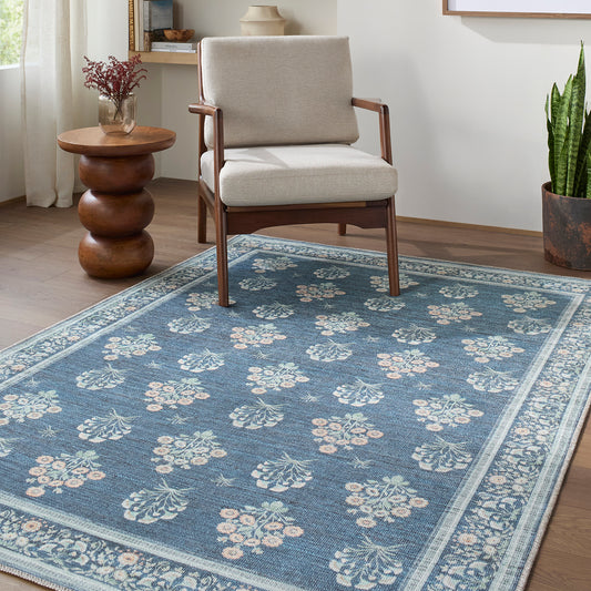 Thistle Floral Blue Traditional Washable Rug