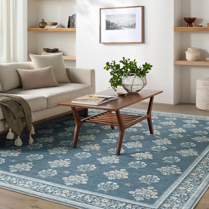 Thistle Floral Blue Traditional Washable Rug