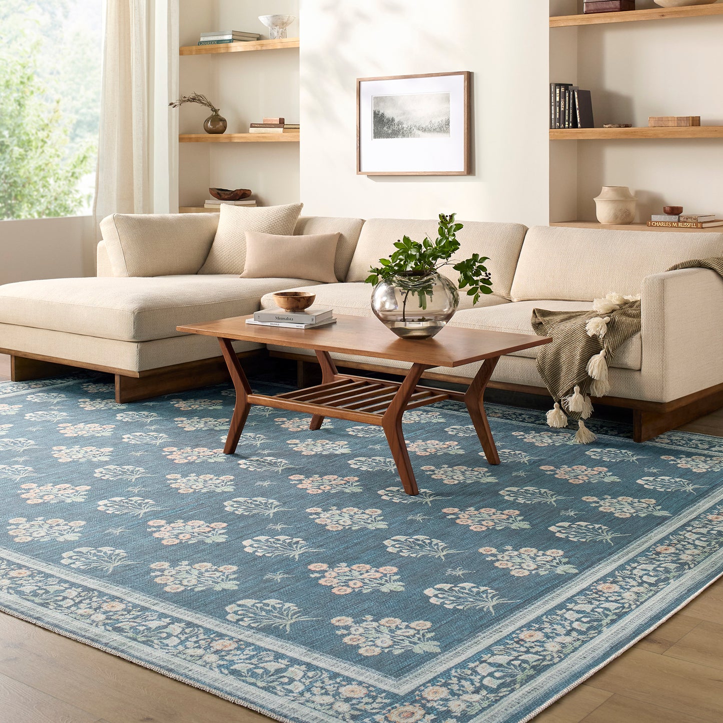 Thistle Floral Blue Traditional Washable Rug