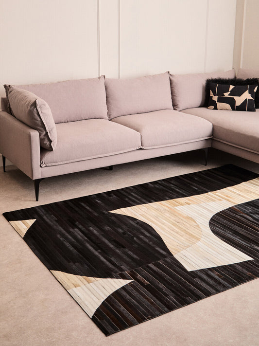 Large Black Abstract Hair On Leather Rug 230cm x 160cm