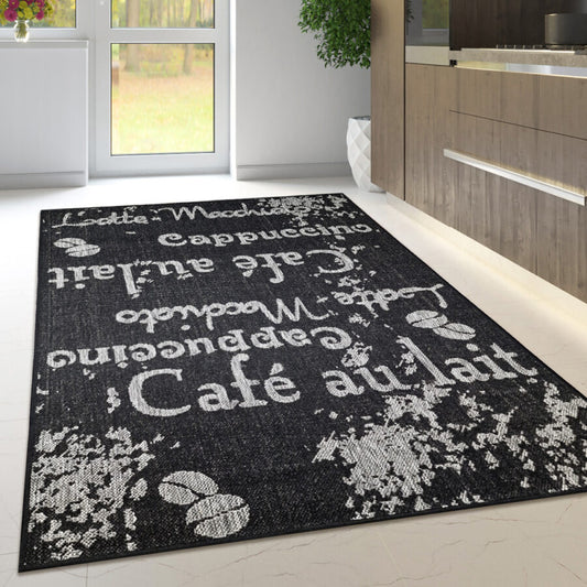 Black Non-Slip Flat Weave Coffee Pattern Rug