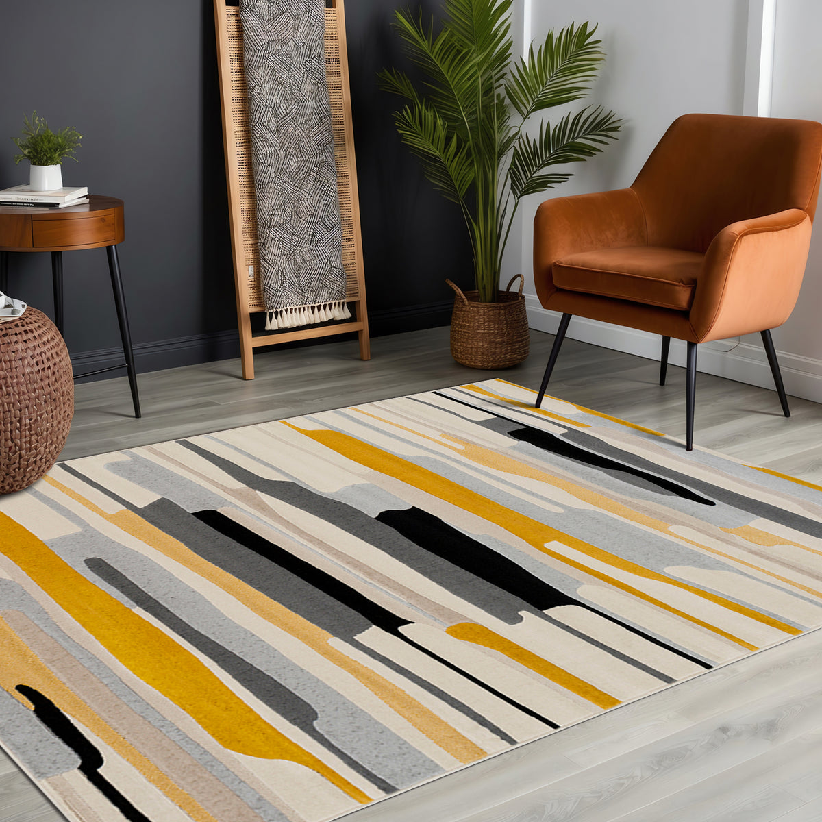 City Yellow and Grey  Modern Striped Rug