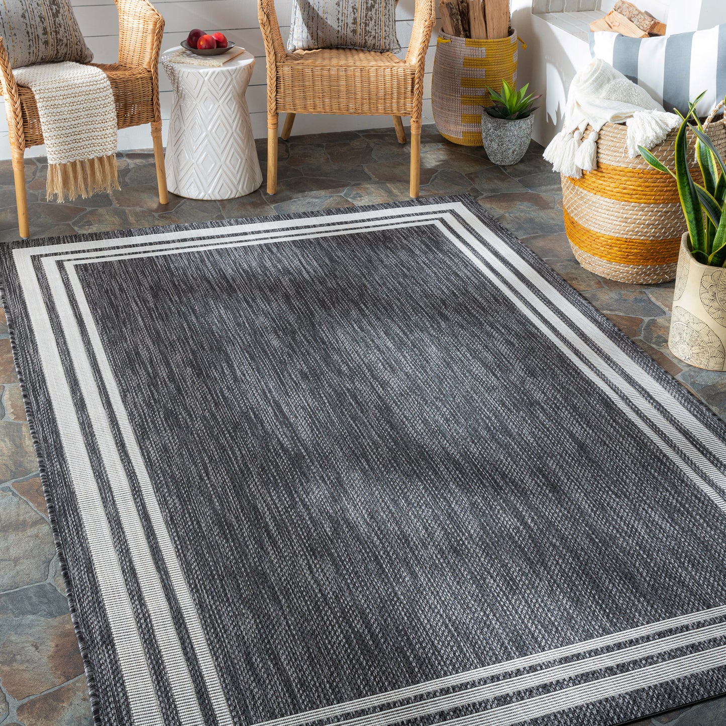 Eagean Charcoal and  Cream Modern Global Rug