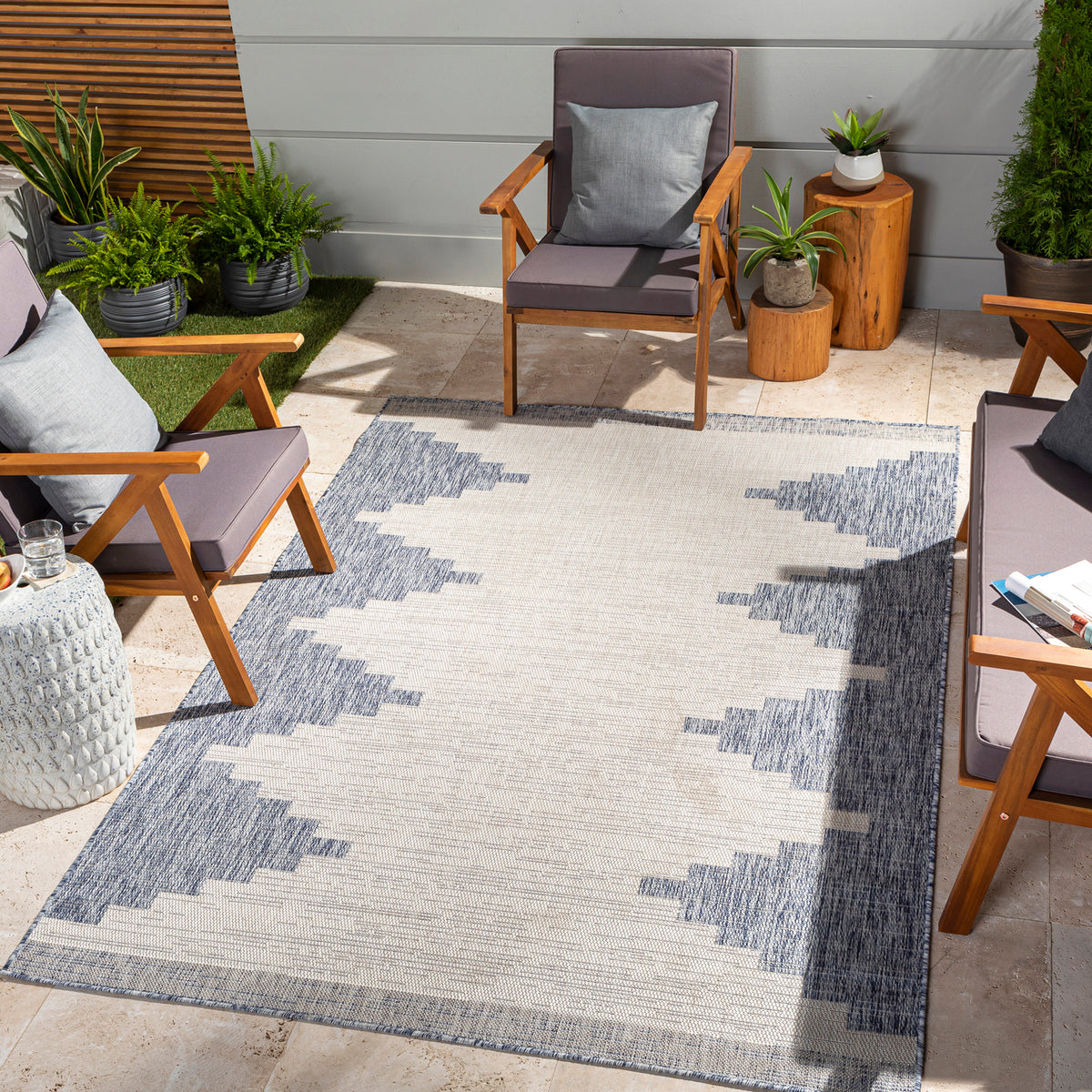 Eagean Global Beige and Blue Geometric  Rug
