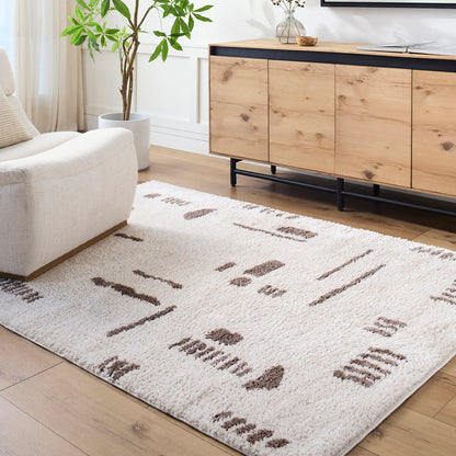 Fossay Cream and Brown Washable Tribal Shaggy Rug