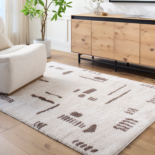 Fossay Cream and Brown Washable Tribal Shaggy Rug