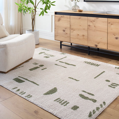 Fossay Cream and Green Washable Tribal Shaggy Rug