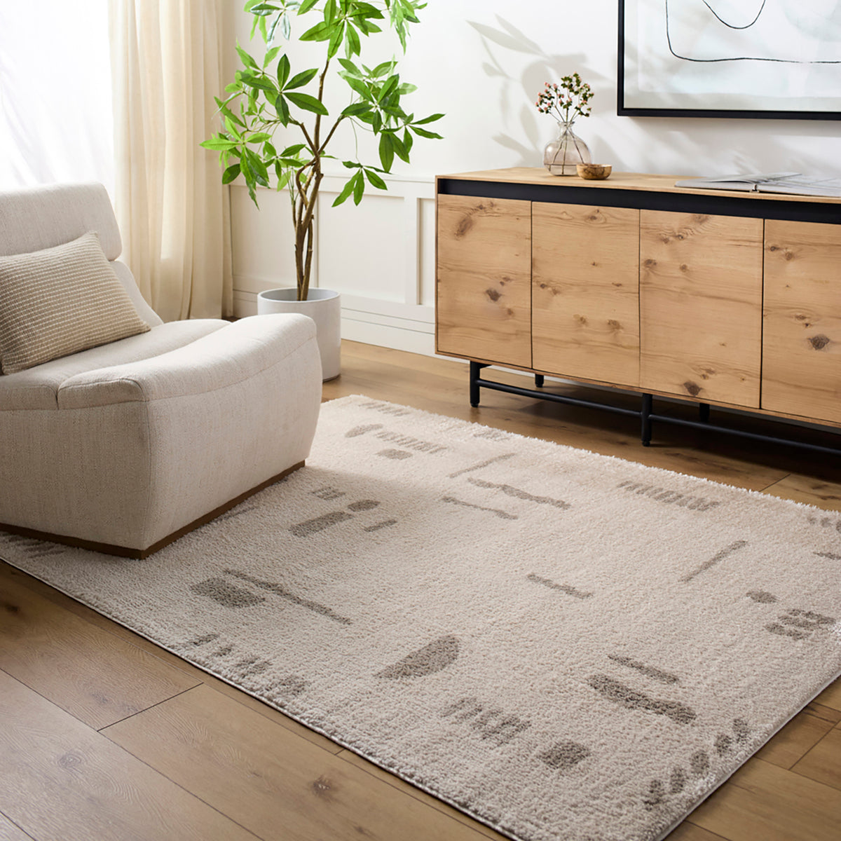 Fossay Beige and Grey Washable Tribal Shaggy Rug