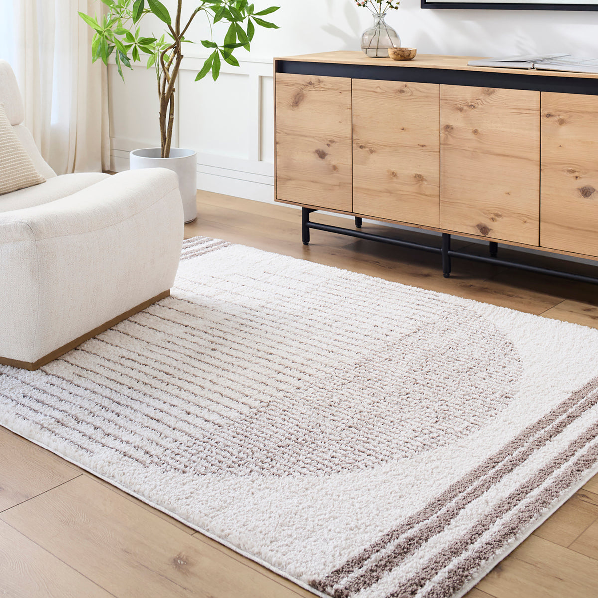 Fossay Cream and Brown Washable Modern Shaggy Rug
