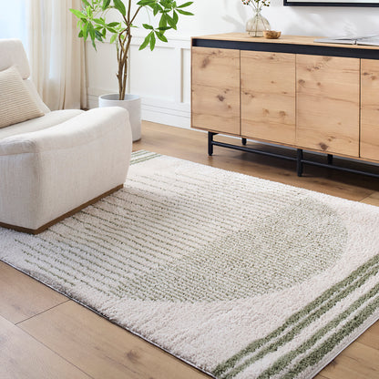Fossay Green and Cream Washable Modern Shaggy Rug