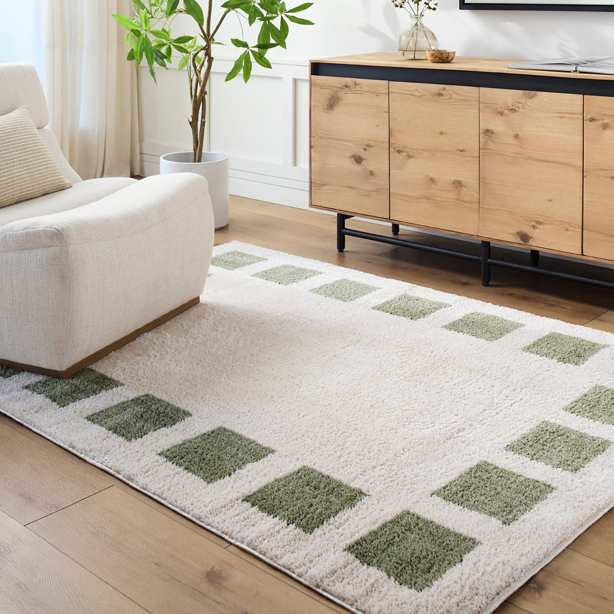 Fossay Olive and  Cream Washable Modern Shaggy Rug