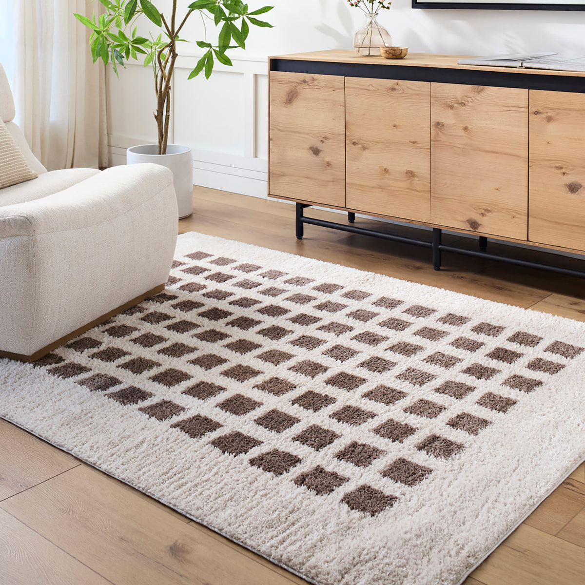 Fossay Cream and Dark Brown  Washable Modern Shaggy Rug