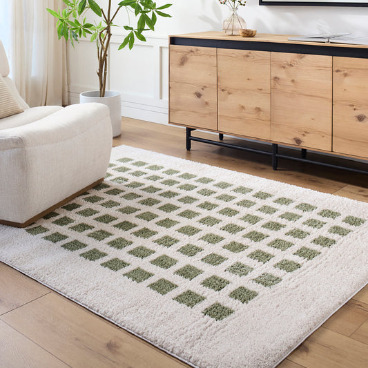 Fossay Cream and Green  Washable Modern Shaggy Rug