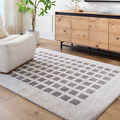 Fossay Cream and Charcoal Washable Modern Shaggy Rug