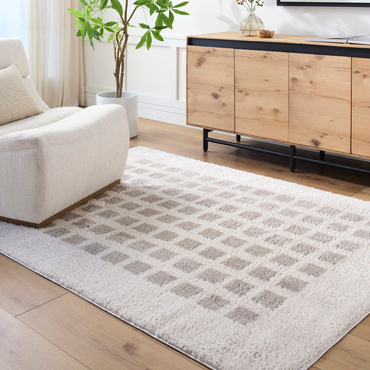 Fossay Cream and Grey Washable Modern Shaggy Rug