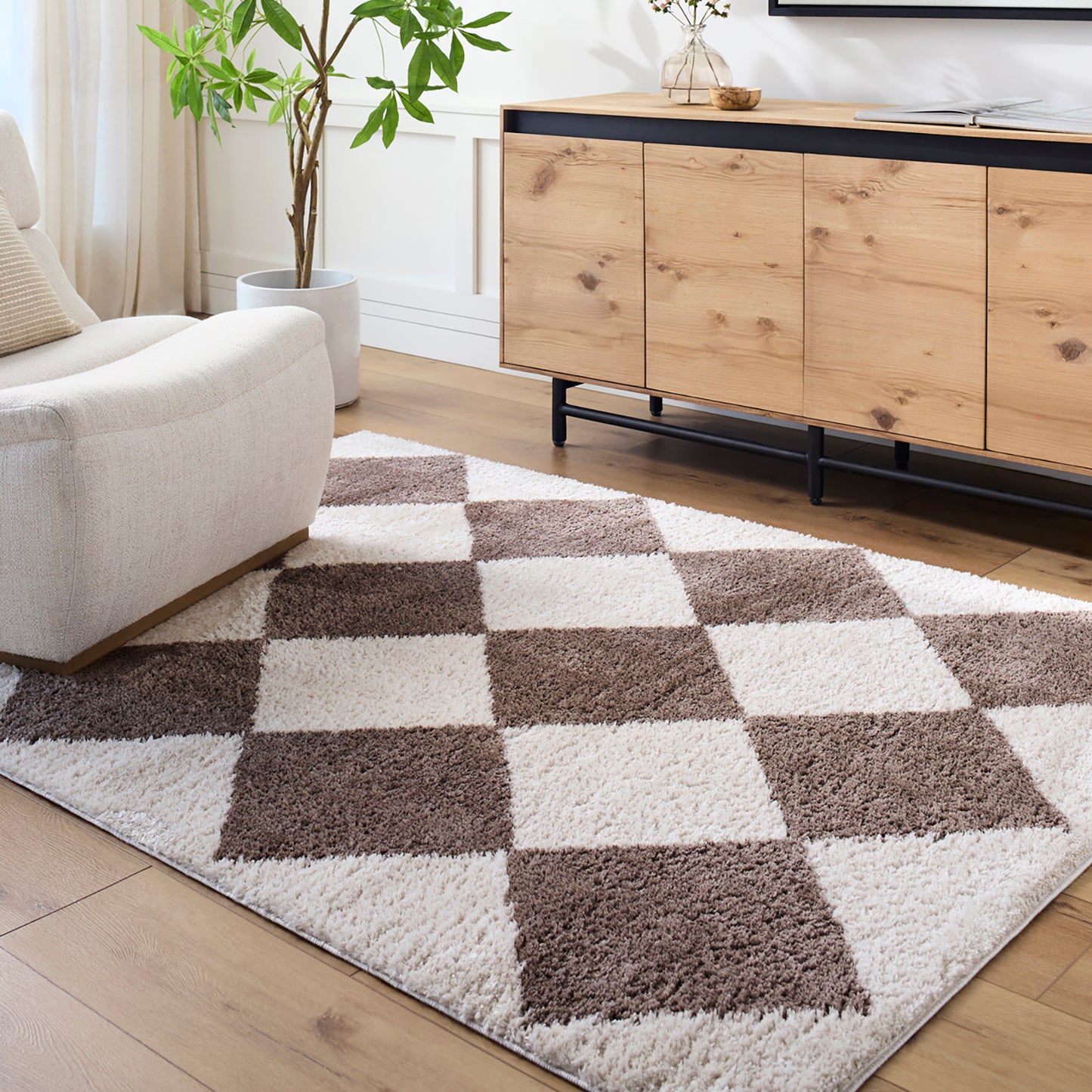 Fossay Brown and Beige Washable Diamond Shaggy Rug