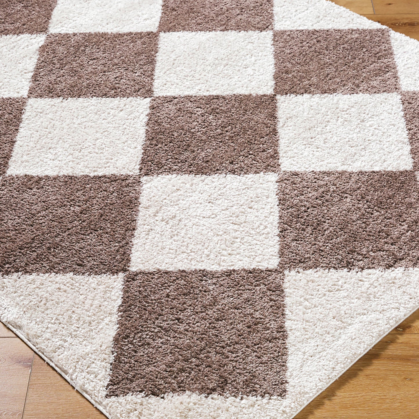 Fossay Brown and Beige Washable Diamond Shaggy Rug