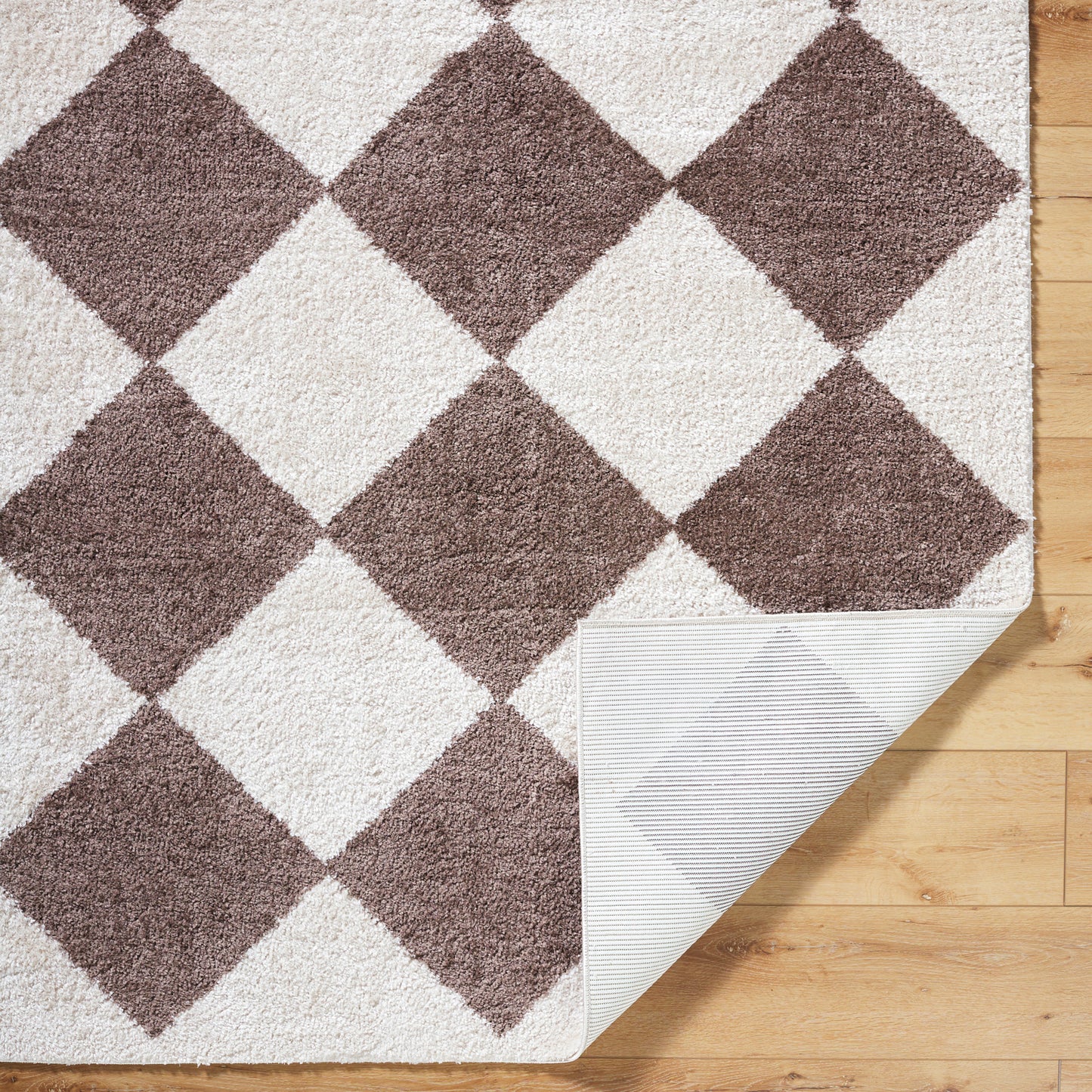 Fossay Brown and Beige Washable Diamond Shaggy Rug
