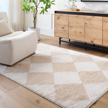 Fossay Cream and Beige Washable Diamond Shaggy Rug
