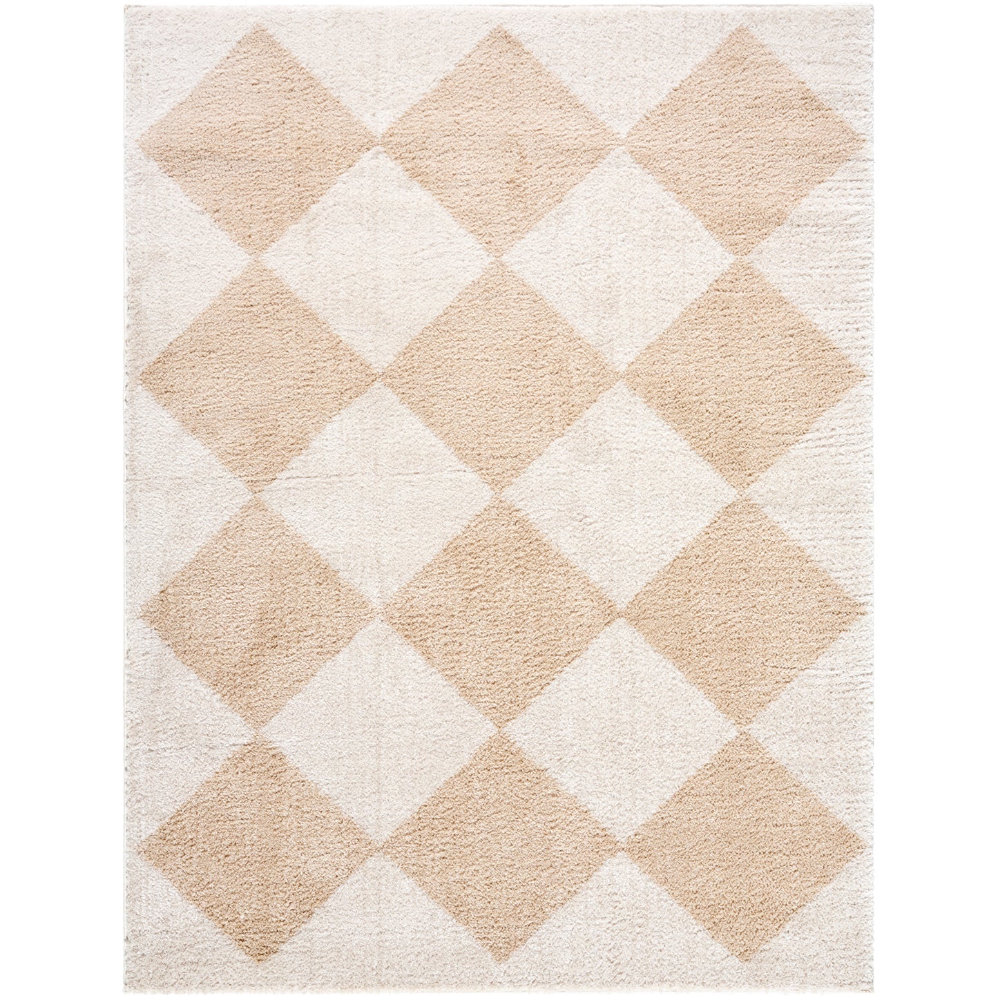 Fossay Cream and Beige Washable Diamond Shaggy Rug