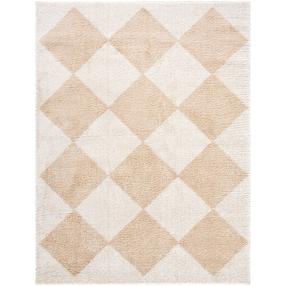 Fossay Cream and Beige Washable Diamond Shaggy Rug